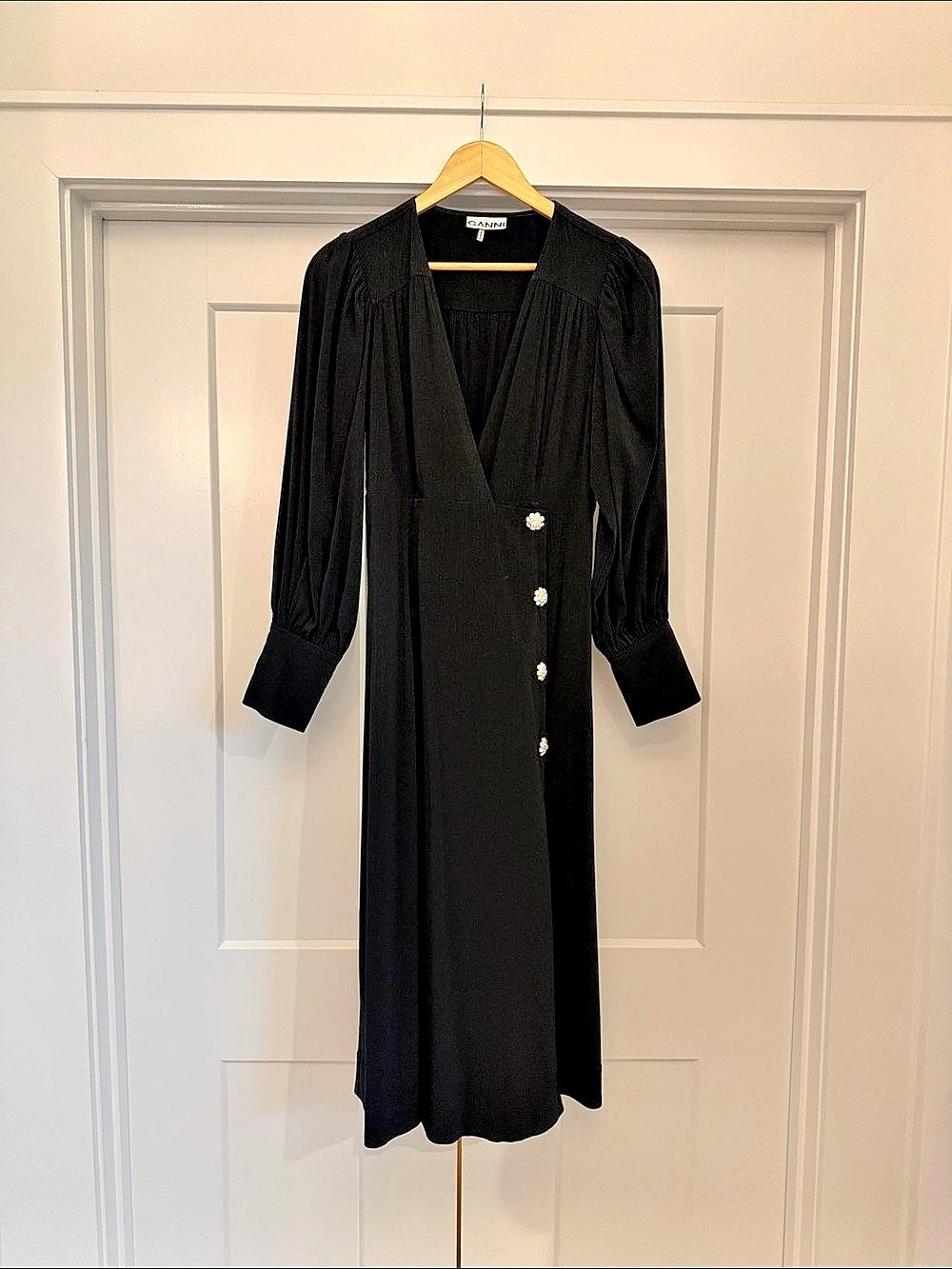 GANNI Crystal-Embellished Wrap Midi Dress Black